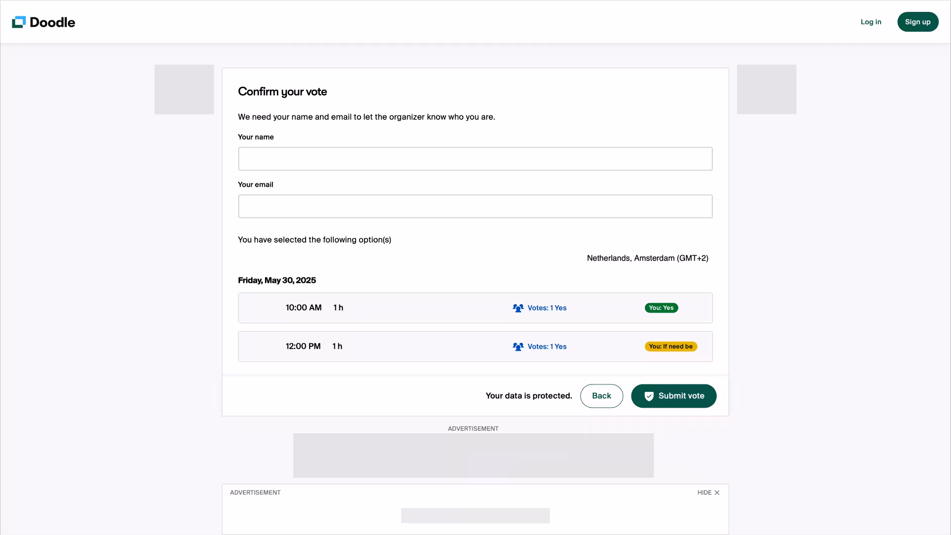 Schermafbeelding van de pagina om beschikbaarheid voor de Doodle-groepspeiling te bevestigen