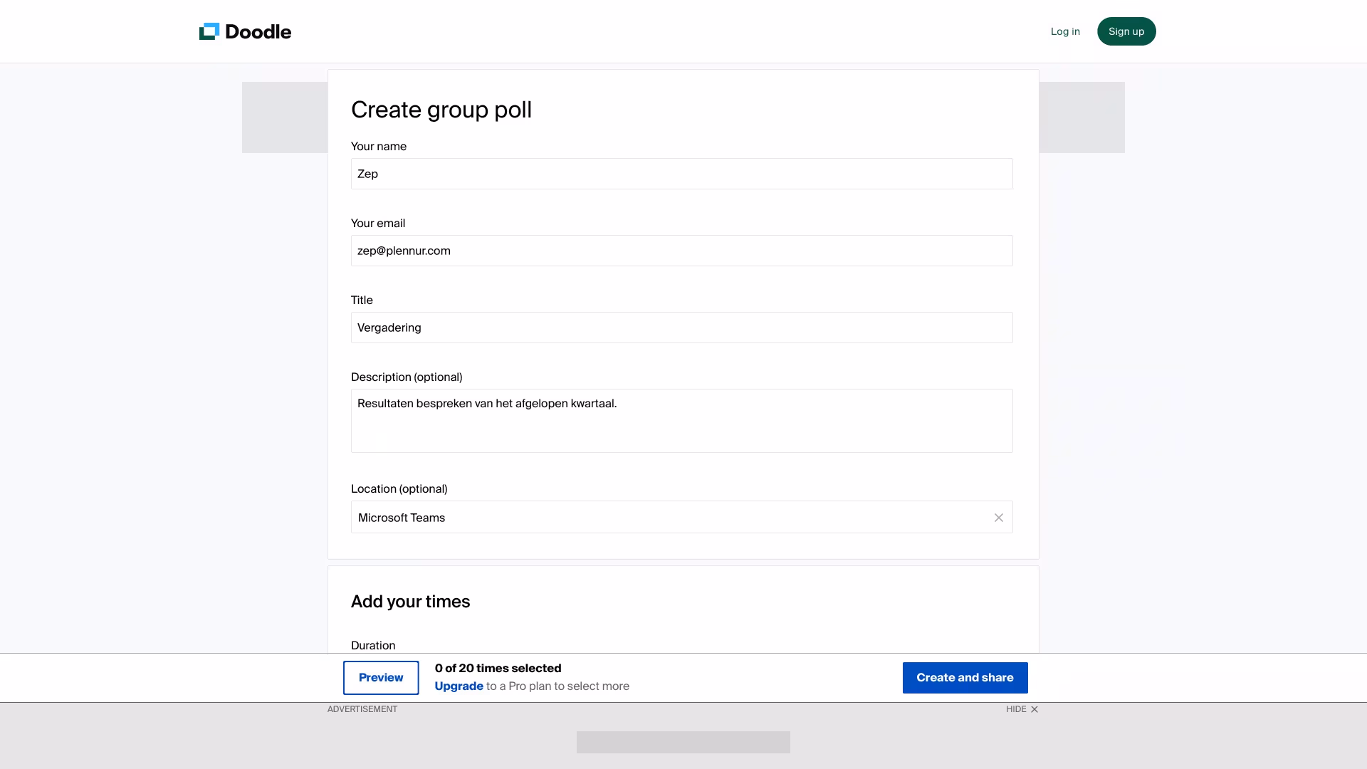 Schermafbeelding van de pagina om een Doodle-groepspeiling aan te maken met details ingevuld
