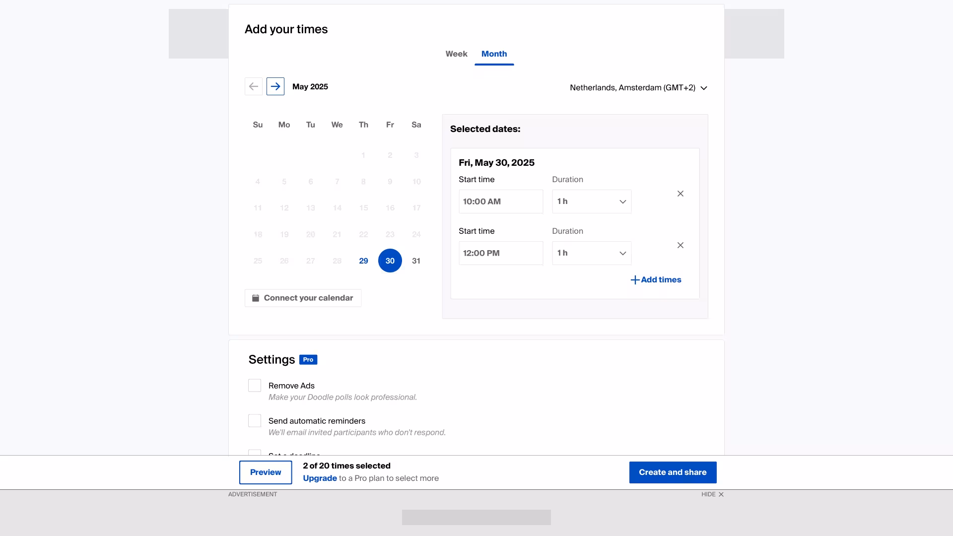 Schermafbeelding van de pagina om een Doodle-groepspeiling aan te maken met datums en tijden ingevuld in het maandoverzicht