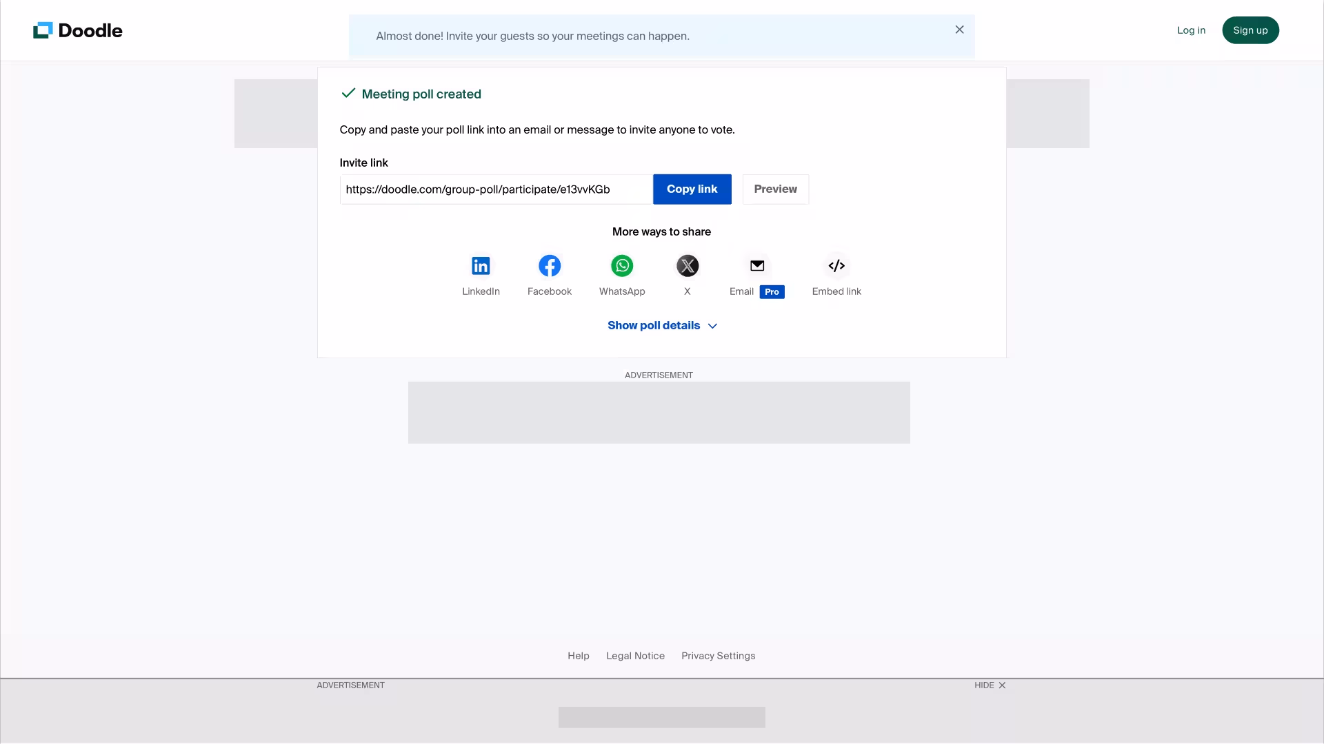 Schermafbeelding van de pagina om een Doodle-groepspeiling te delen
