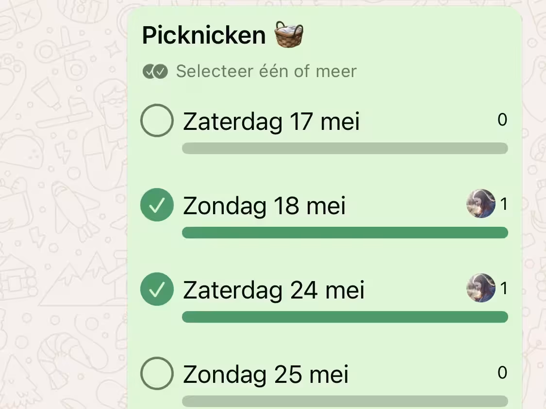 Schermafbeelding van een ingevulde datumprikker in WhatsApp op iOS